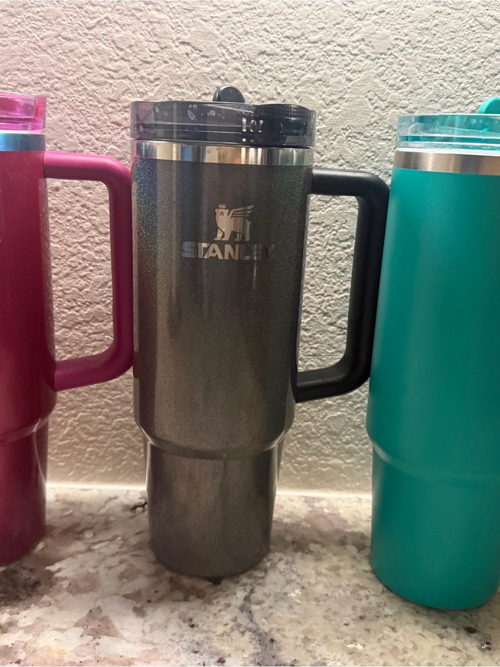 Set of 3. Stanley Metallic Charcoal Travel Tumblers with Handles. Flip top sip